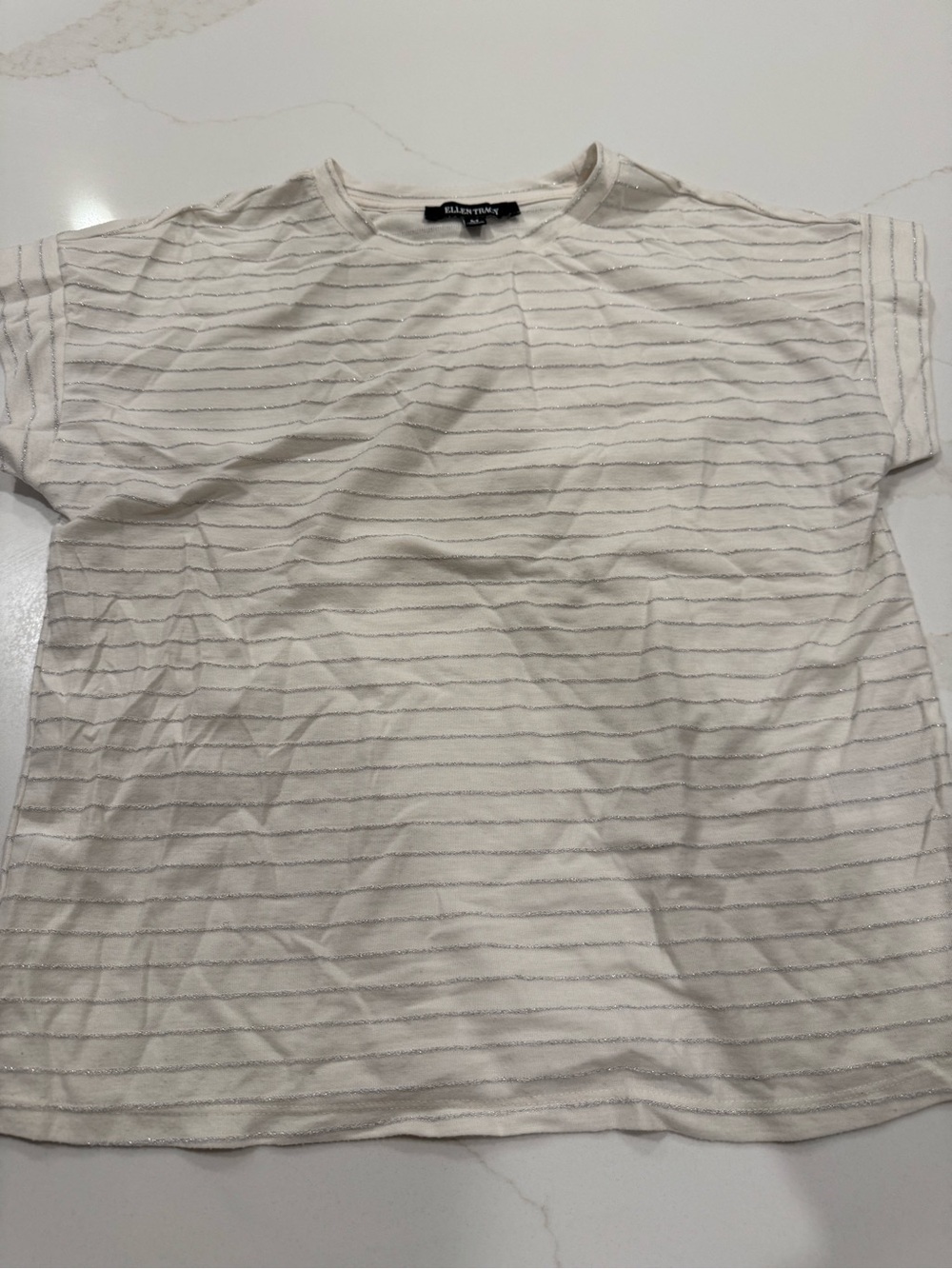 Ellen Tracy Cream Short-Sleeve Crewneck with Subtle Stripes